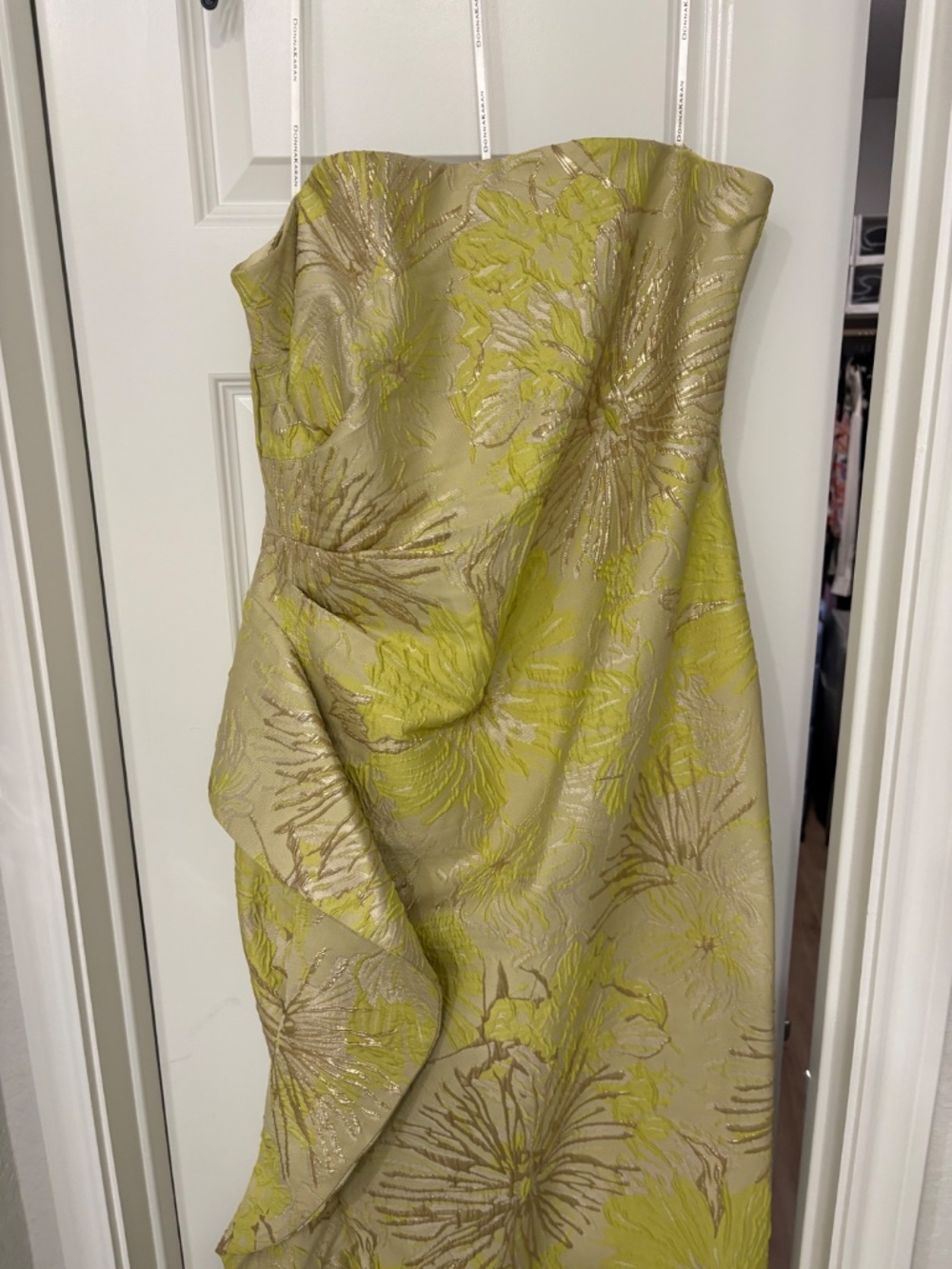 Donna Karan New York Strapless Cascading Ruffle Jacquard Gown Summer Citron Sz14 - Picture 4 of 6